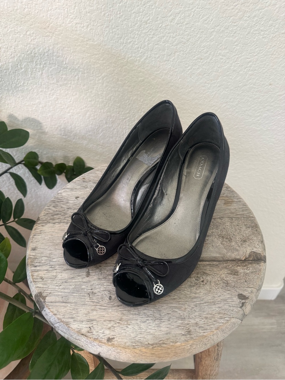 Coach Black Peep-Toe Wedge Heels with Bow and Charm